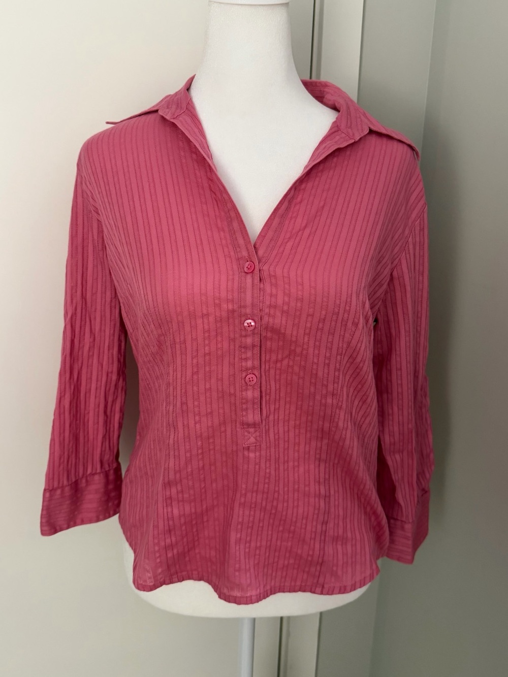 LOFT Pink 3/4 Button Up Collared Shirt with Pinstripe